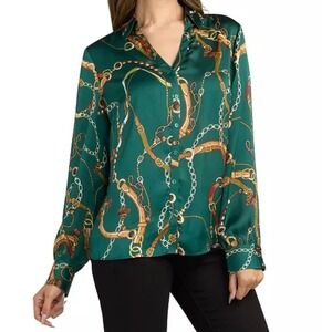 Macy's Emerald Green Equestrian Chain Scarf‎ Print Satin Button Down Blouse S